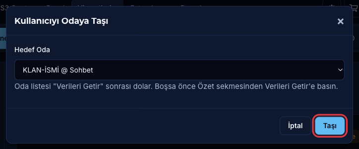 Kullanıcıyı Odaya Taşı penceresi
