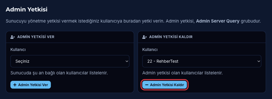 Admin Yetkisi Kaldır kutusunda admin yetkisi olan kullanıcının seçimi