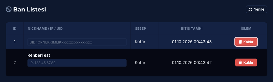 Ban Listesi bölümünde banın yanındaki Kaldır butonu