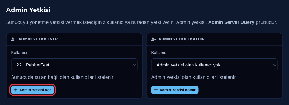 Yetkiler bölümündeki Admin Yetkisi Ver kutusunda kullanıcı seçimi ve Admin Yetkisi Ver butonu