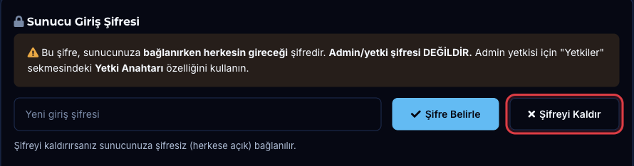 Sunucu Giriş Şifresi bölümündeki Şifreyi Kaldır butonu