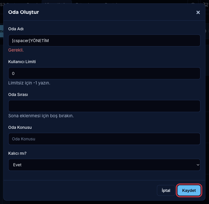 Oda Oluştur penceresinde ayraç odası için (cspacer) ile başlayan oda adı