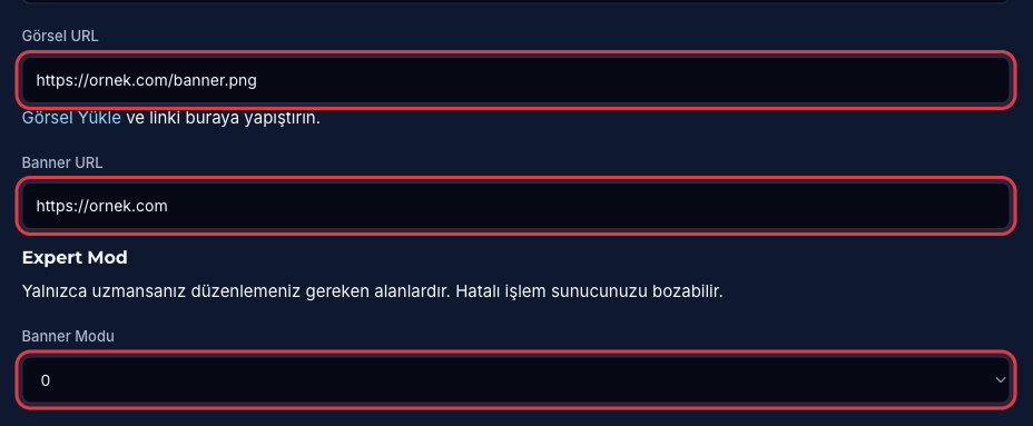 Görsel URL, Banner URL ve Banner Modu alanları
