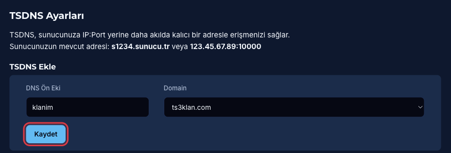 TSDNS Ayarları bölümünde DNS Ön Eki ve Domain alanları