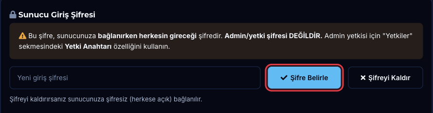 Sunucu Giriş Şifresi bölümündeki Şifre Belirle butonu