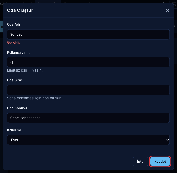 Oda Oluştur penceresi