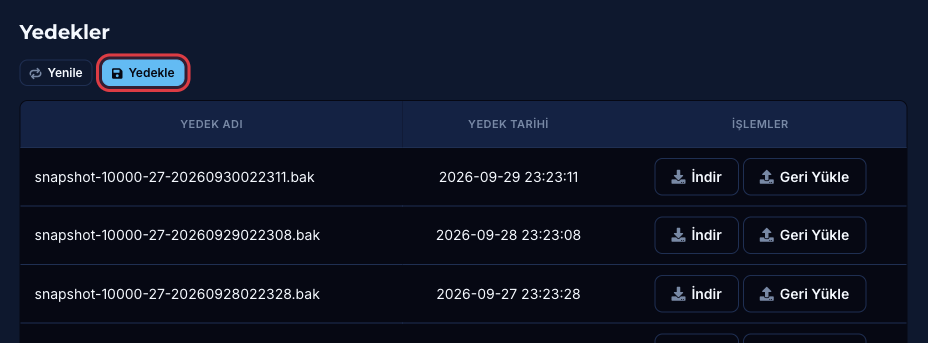 Yedekler bölümündeki Yedekle butonu ve yedek listesi