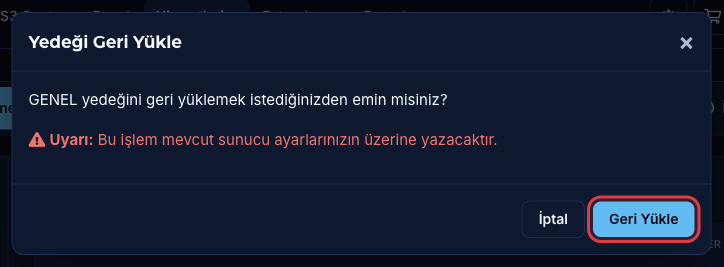 Hazır Yetkiler bölümünde GENEL şablonu için geri yükleme onay penceresi