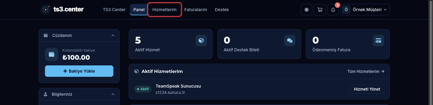 Müşteri panelinde üst menüdeki Hizmetlerim bağlantısı