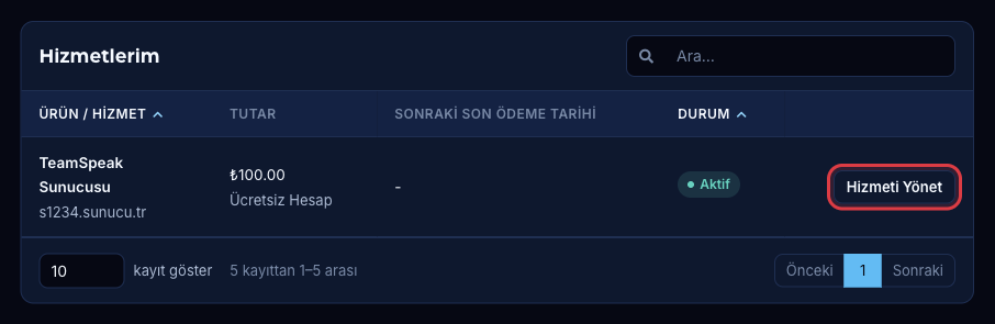 Hizmetlerim sayfasında TeamSpeak sunucusunun Hizmeti Yönet butonu