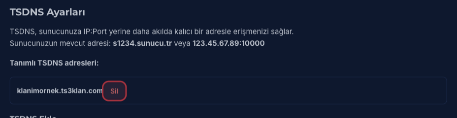 Tanımlı TSDNS adresleri listesindeki Sil butonu