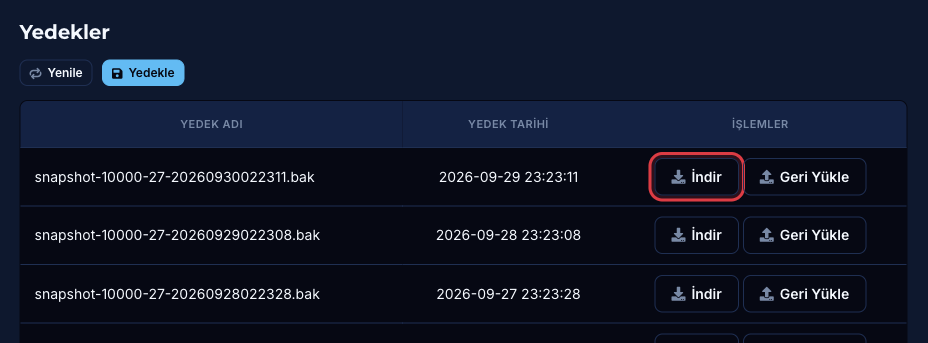 Yedek listesindeki İndir butonu