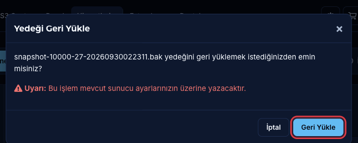 Yedeği Geri Yükle onay penceresi