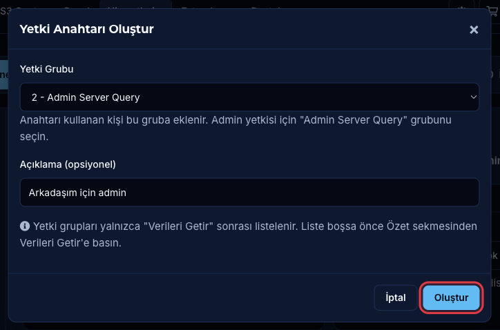 Yetki Anahtarı Oluştur penceresinde Admin Server Query grubu seçili