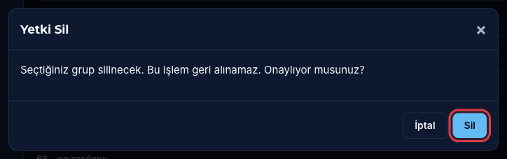 Yetki Sil onay penceresi